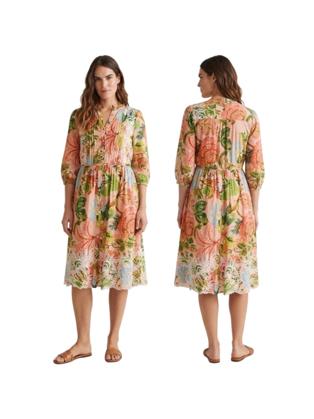 Soft Surroundings Dress Womens Large L Pink Floral Embroidery Button Front Midi